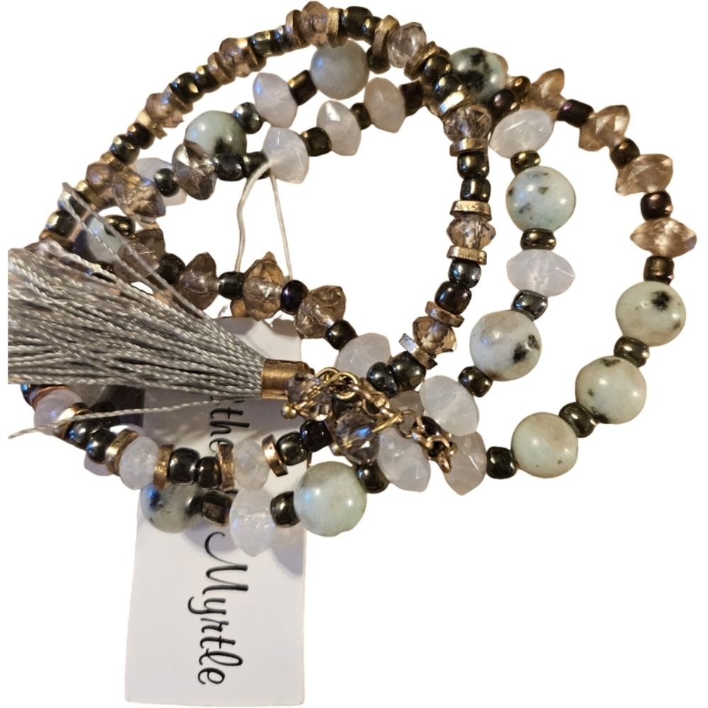 ETHYL & MYRTLE triple strand glass and mixed material beaded bracelet NWT